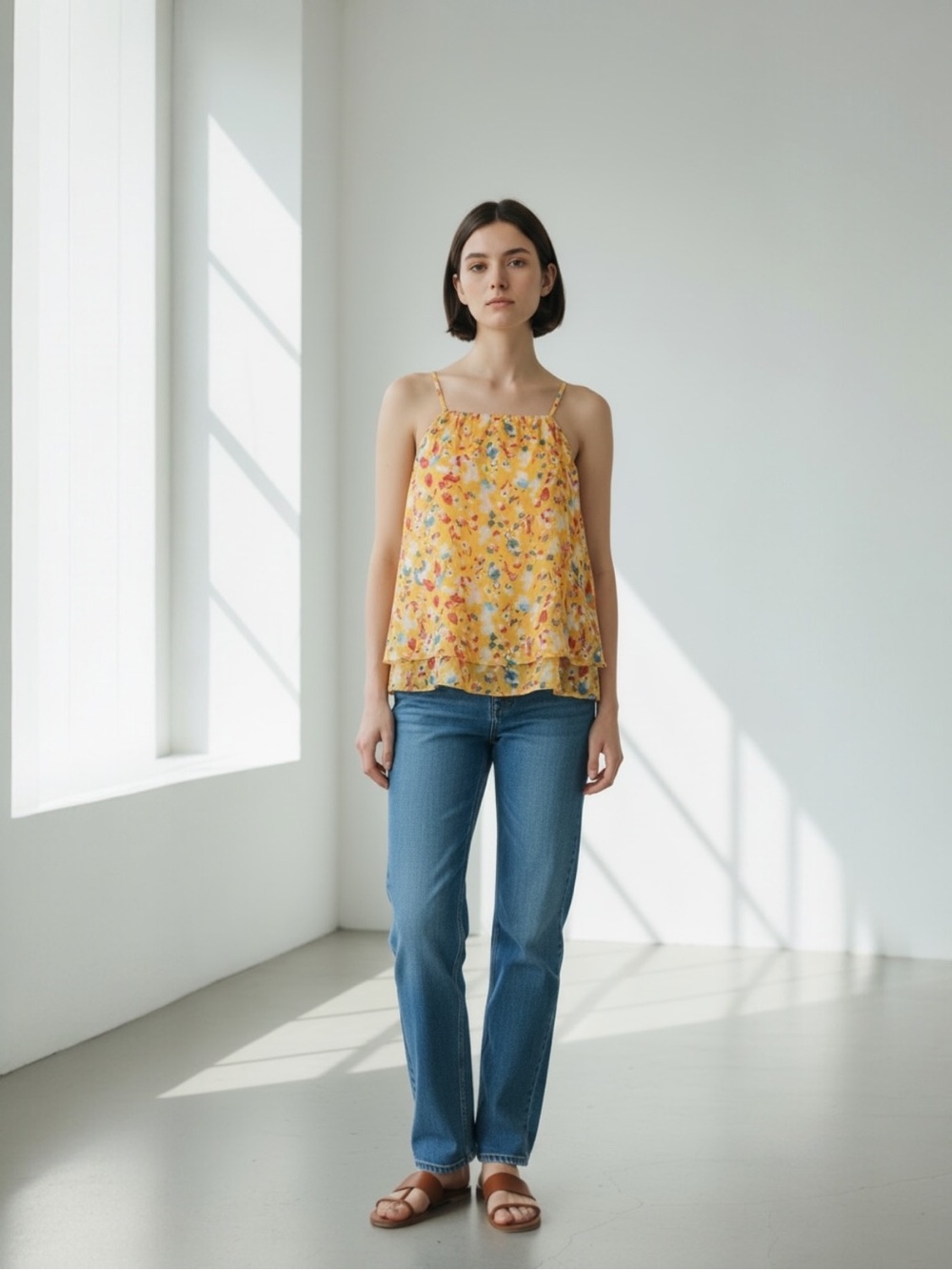 Eclair NWT summer yellow print flowing layered bohemian tank top size large